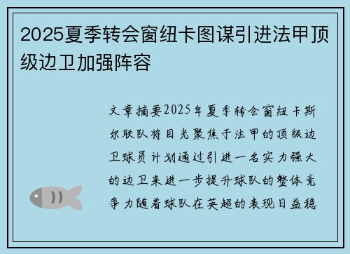 2025夏季转会窗纽卡图谋引进法甲顶级边卫加强阵容